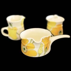 Metlox Wild Poppy trail Yellow Floral Creamer and Sugar Bowl, Gravy Boat.